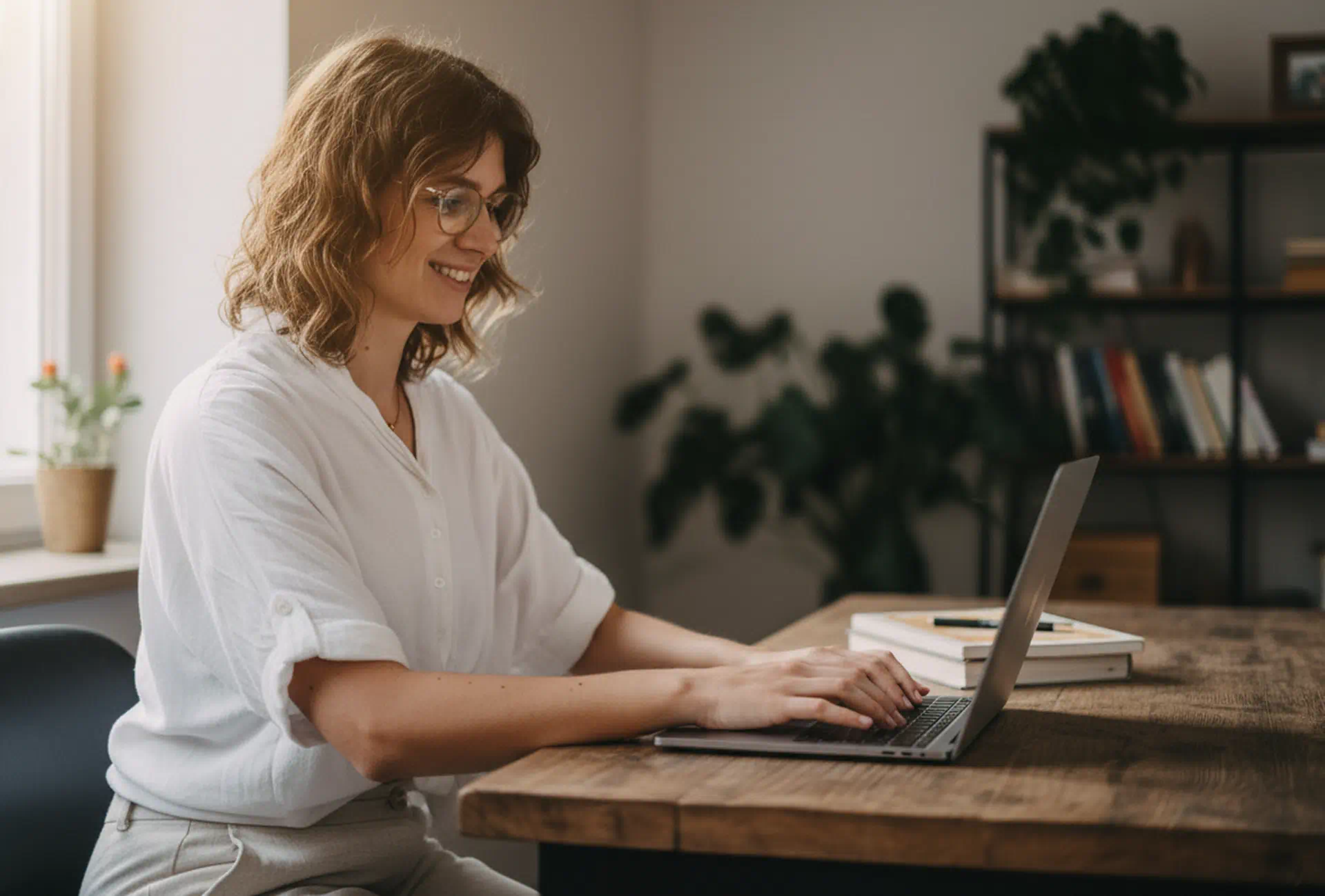 Lisa Ehrenreich sitzt am Schreibtisch und arbeitet am Laptop