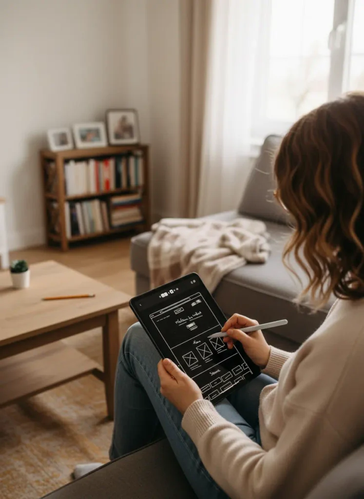Lisa Ehrenreich bei arbeitet an einem Webdesign am Tablet